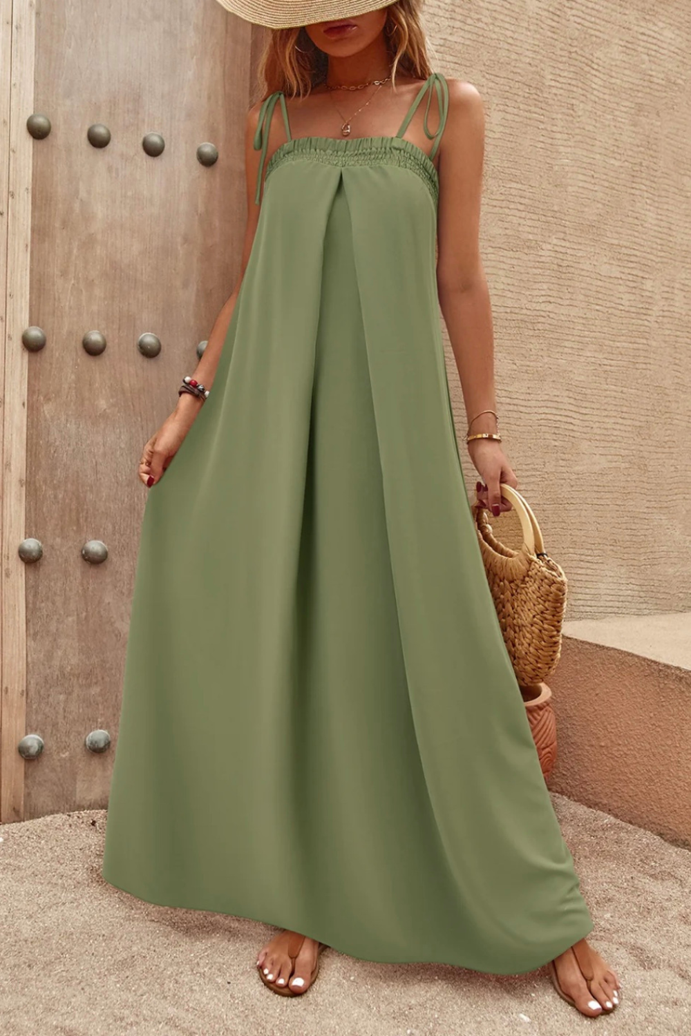 Olive Grace -Tie-Shoulder Smocked Maxi Dress
