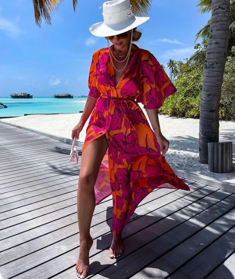 Beach-Ready Pink Kaftan Coat Dress